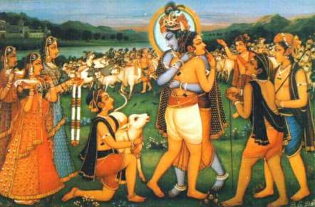 krishna-embrases-his-devotee-as-he-re-enters-goloka-vrindavana